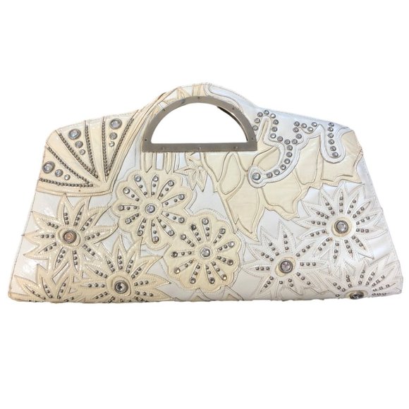 Kippys Coronado Leather Handbag Clutch Crystals Ivory Beige - See Condition - Picture 3 of 4